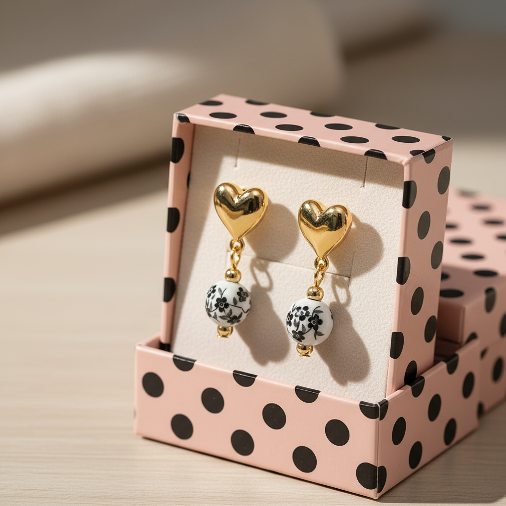 METAL CERAMIC HEART POST EARRINGS