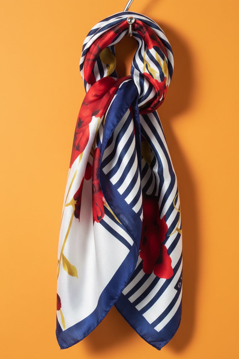 FLROAL STRIPES SATIN SCARF - BLUE
