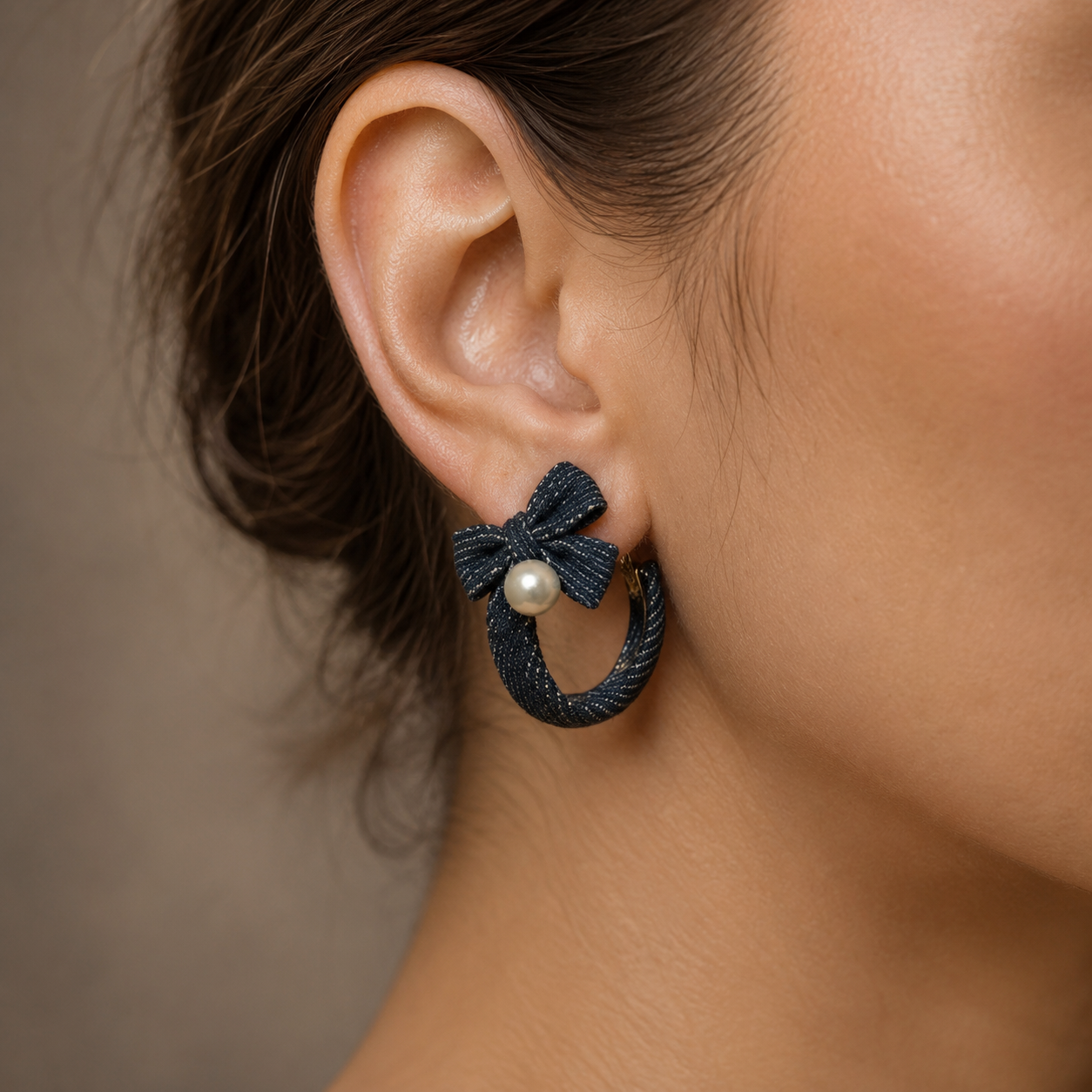 DENIM BOW PEARL HOOP EARRINGS