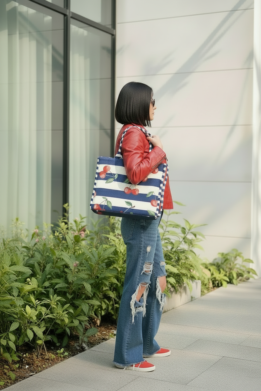CHERRY STRIPED JACQUARD TOTE