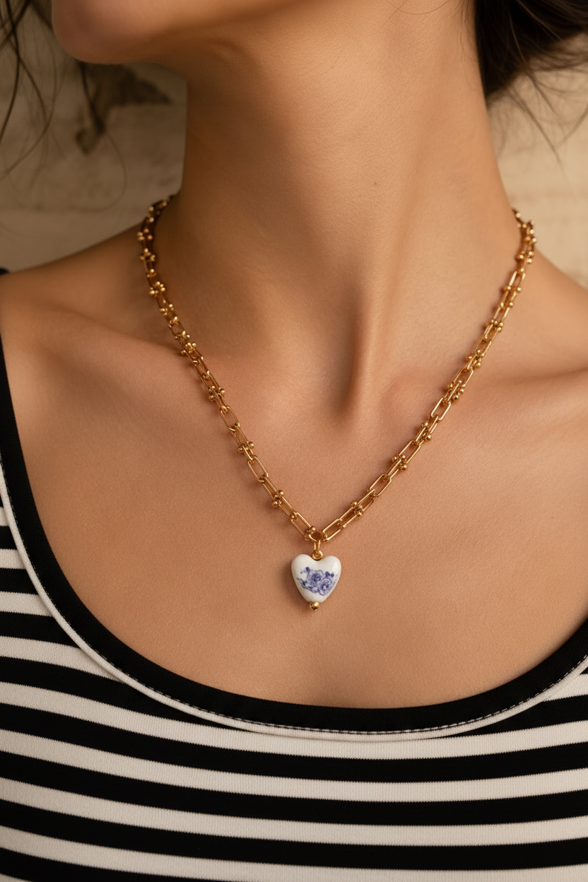 METAL CERAMIC HEART LINK NECKLACE