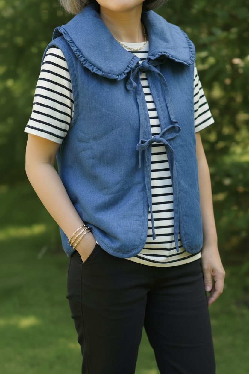 QUILTED PADDED TIE FRONT DENIM VEST
