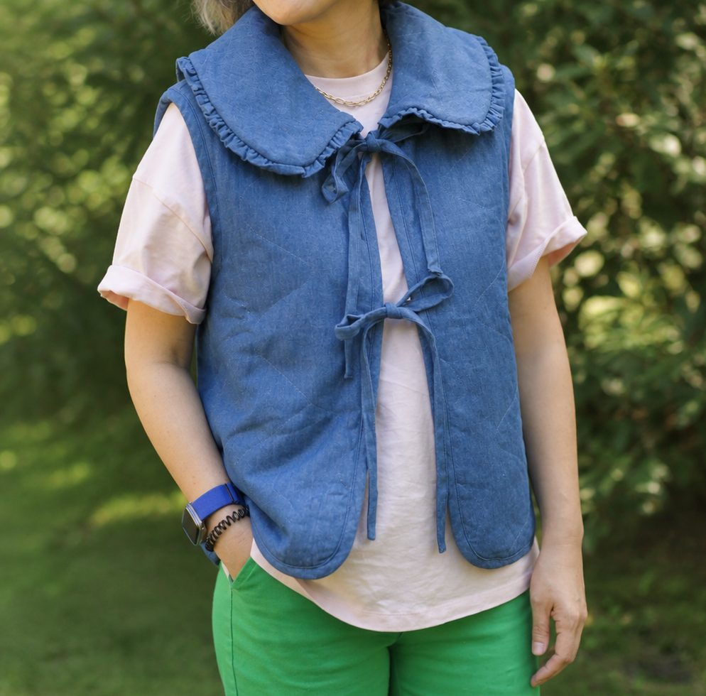 QUILTED PADDED TIE FRONT DENIM VEST