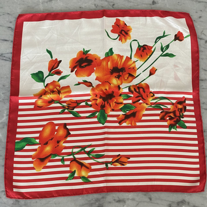 FLORAL STRIPES SATIN SCARF - RED