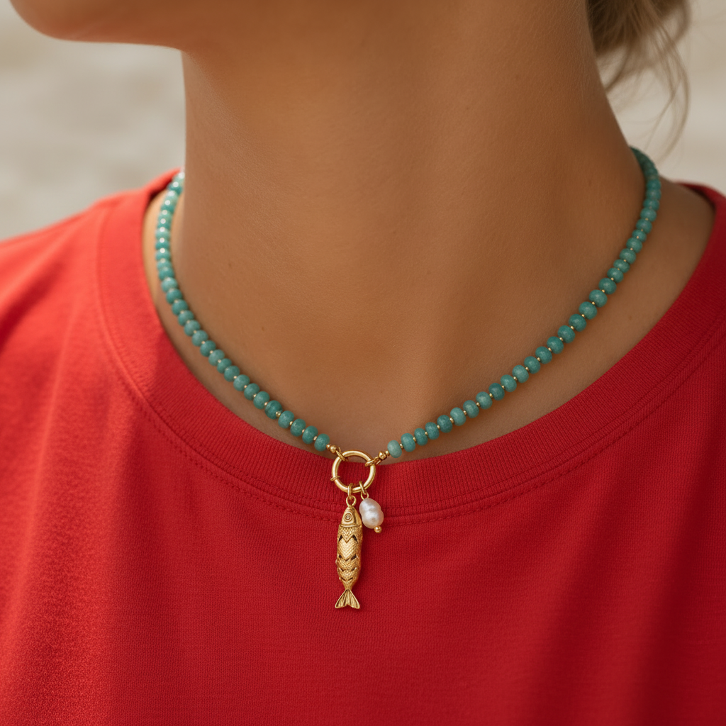 MARBLE BEAD FISH PEARL NECKLACE