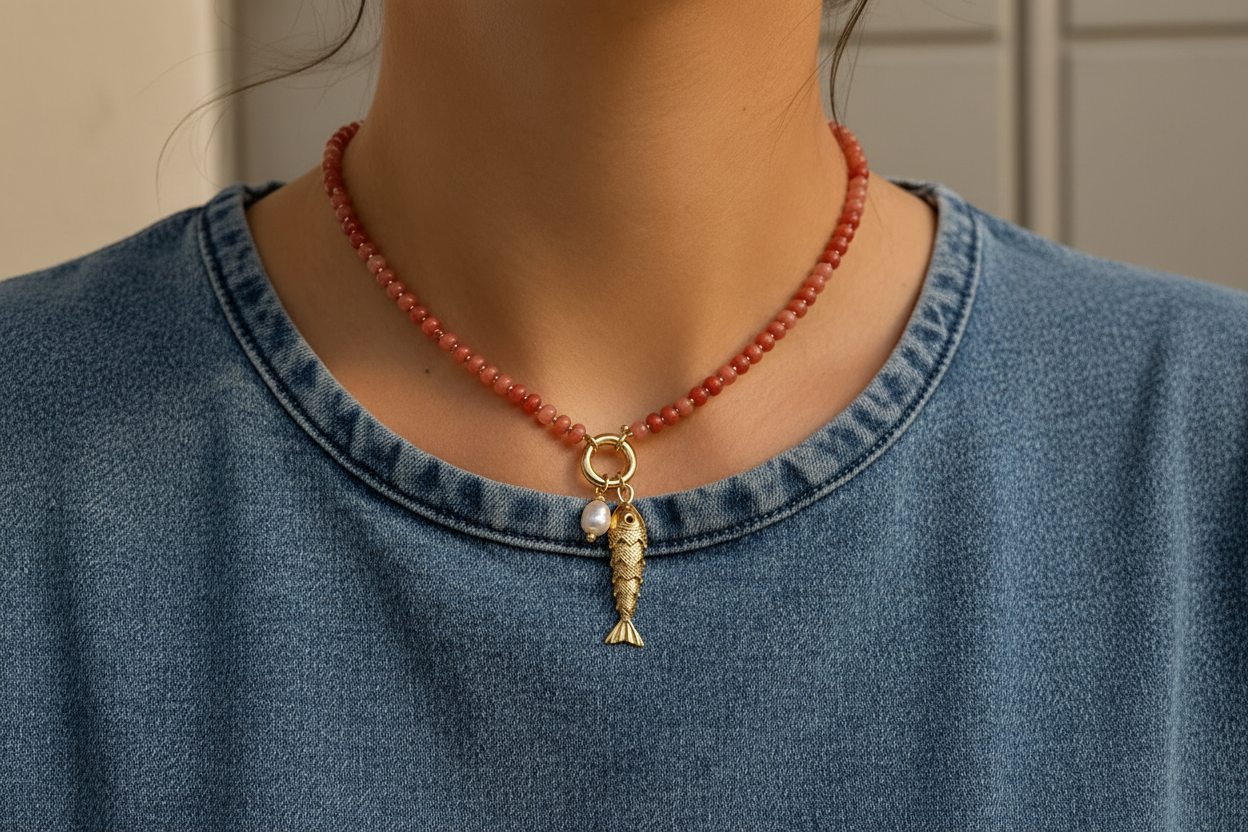 MARBLE BEAD FISH PEARL NECKLACE