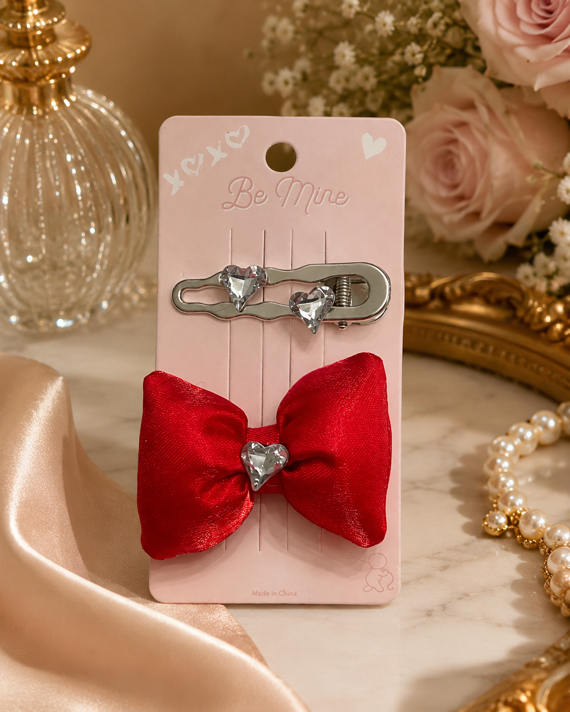 HEART STONE BOW CLIPS- RED