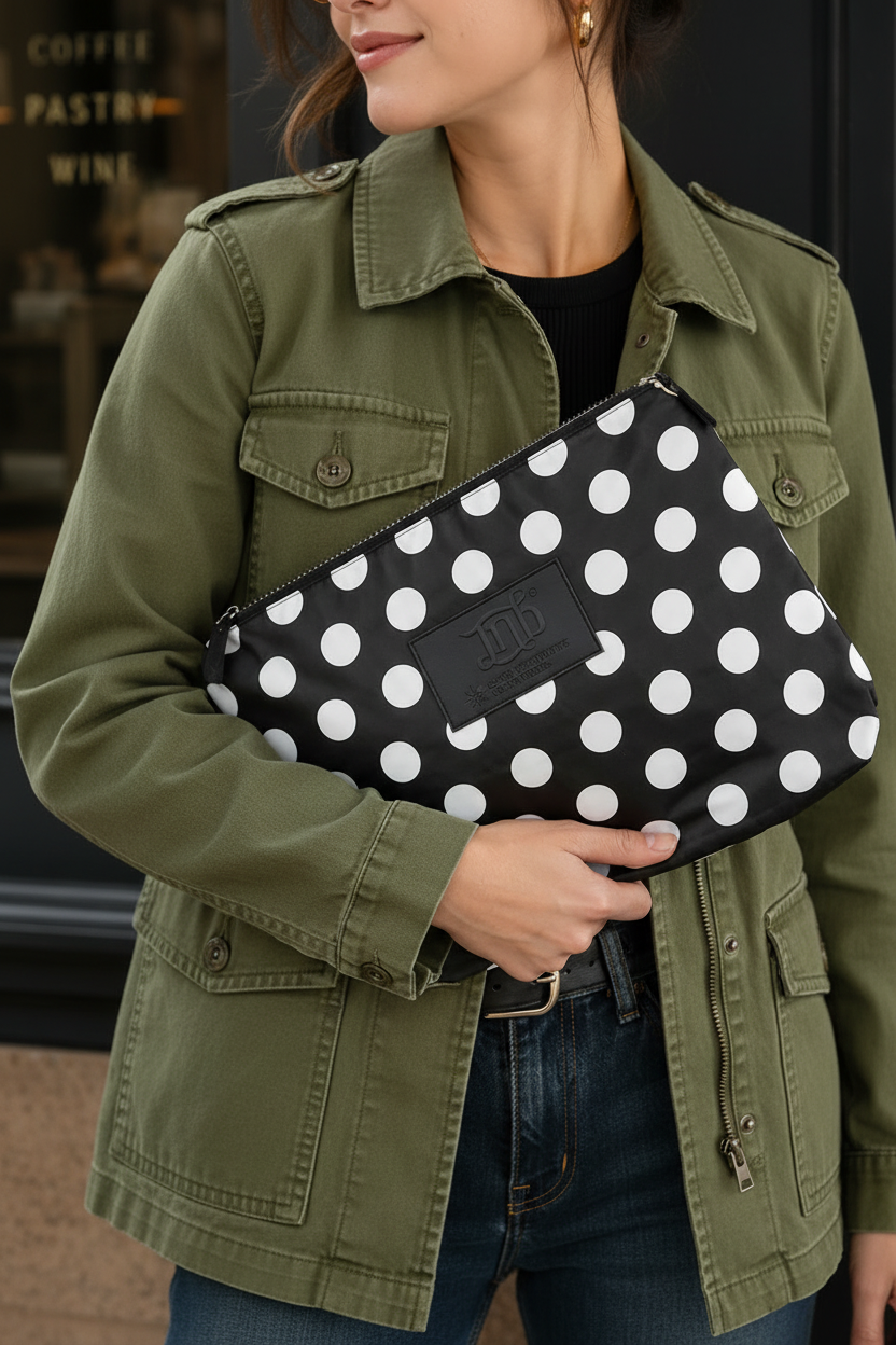 WATERPROOF OVERSIZED POLKADOT ZIP POUCH- BLK