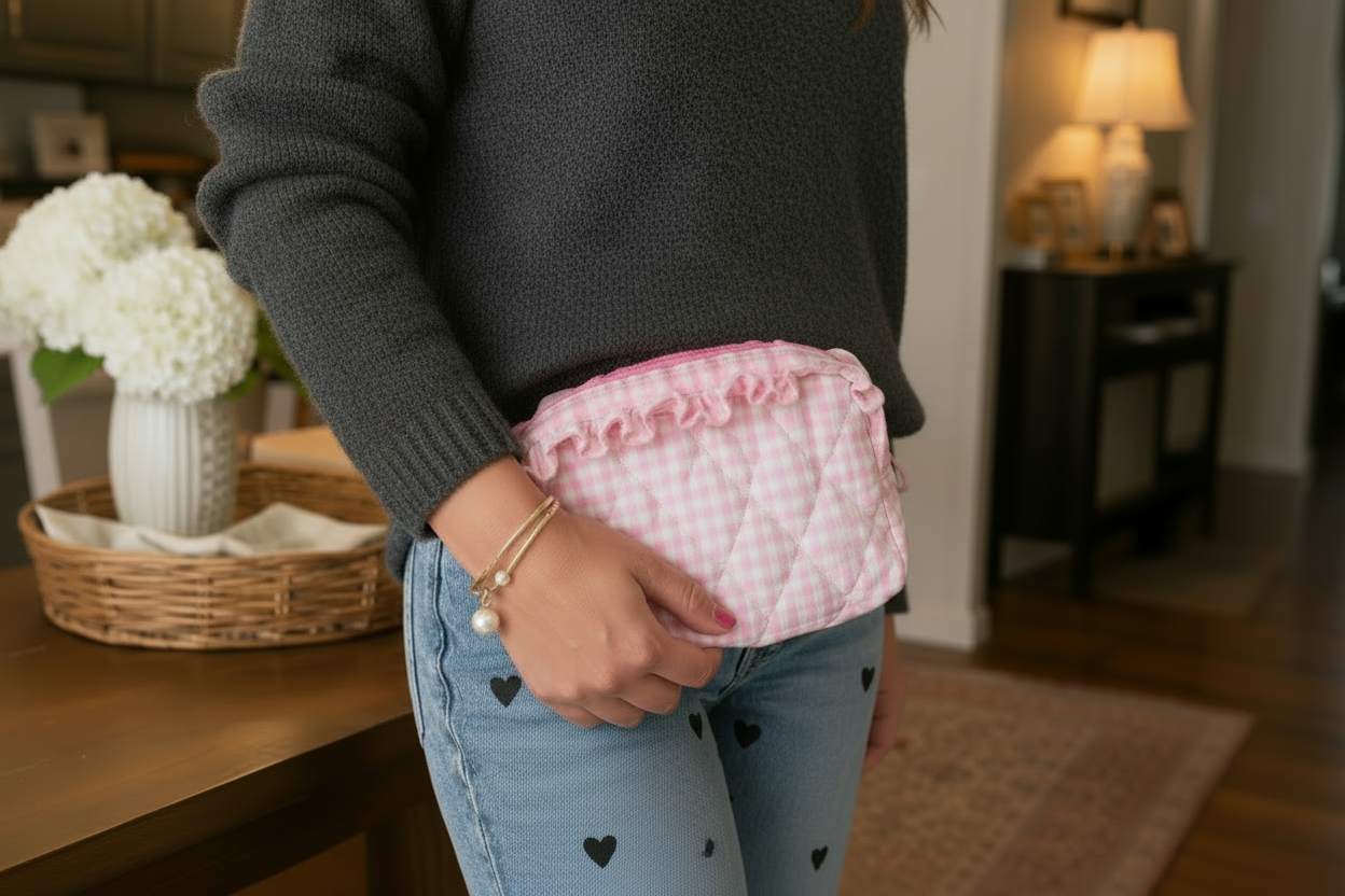 QUILTED RUFFLES SMALL POUCH W PEARL ZIPPER