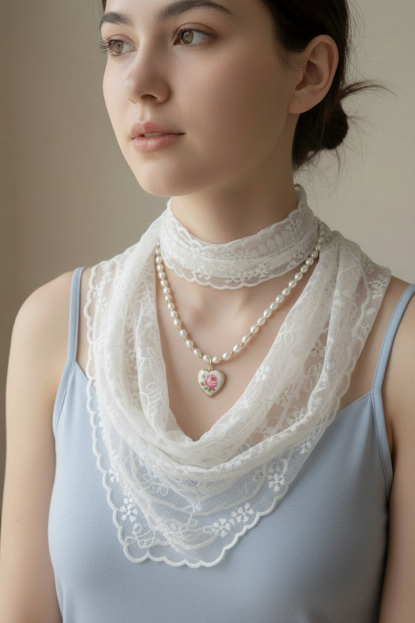 LACE SCARF W PEARLS NECKLACE