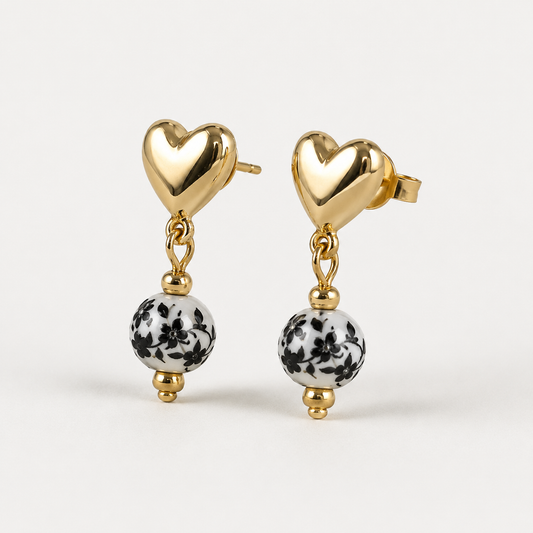 METAL CERAMIC HEART POST EARRINGS