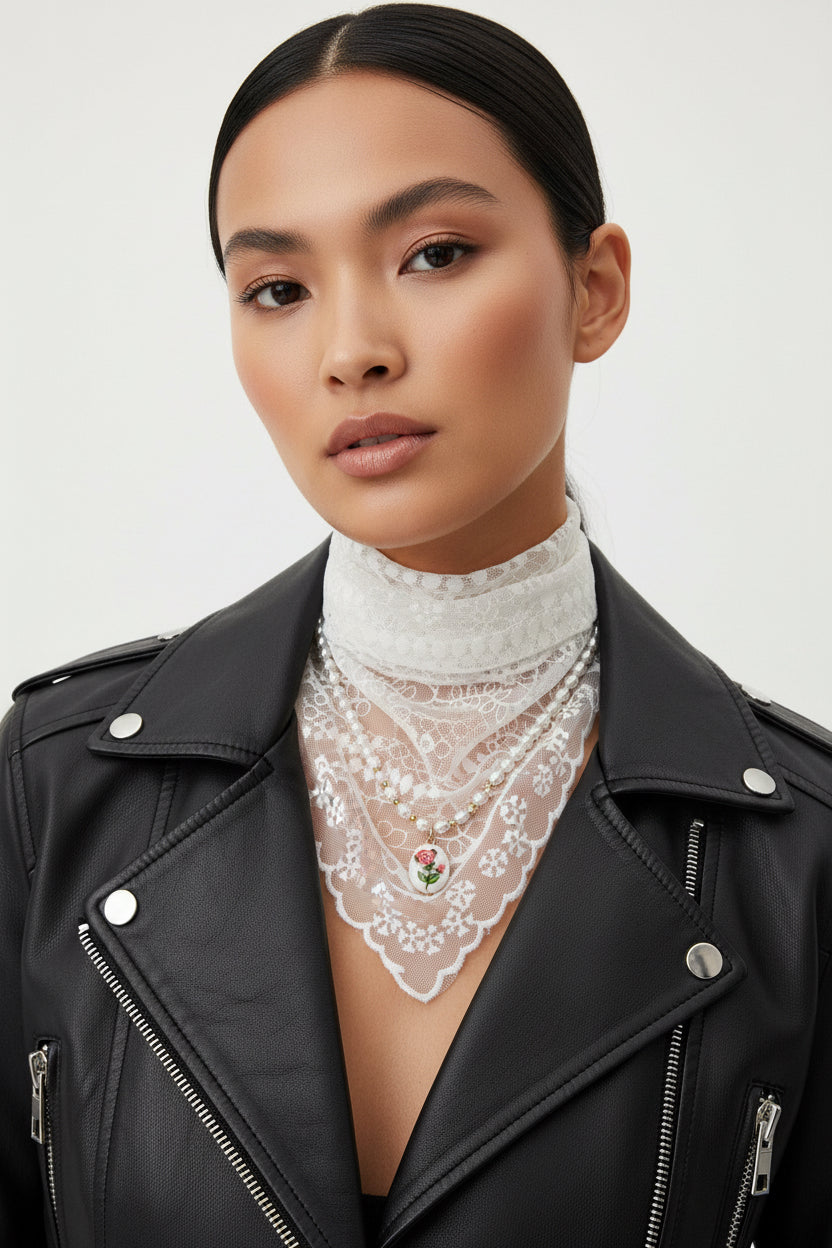 LACE SCARF W PEARLS NECKLACE