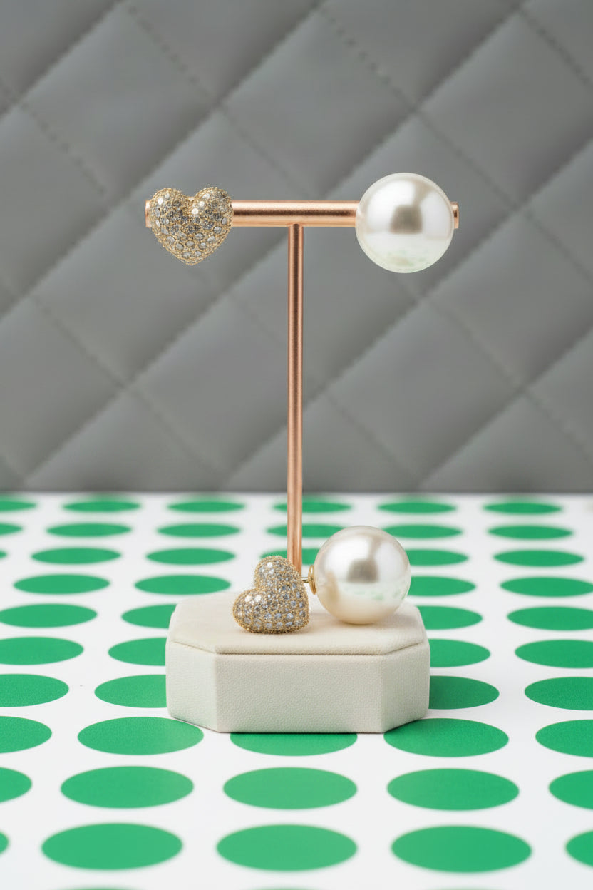 HEART PAVED PEARL DOUBLE SIDE EARRINGS