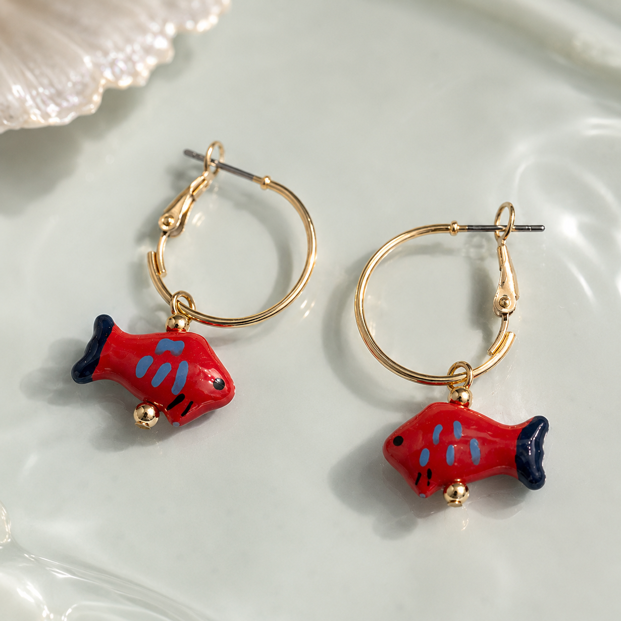 METAL CERAMIC FISH SEALIFE HOOP EARRINGS