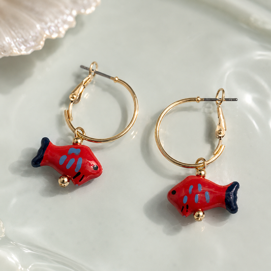 METAL CERAMIC FISH SEALIFE HOOP EARRINGS