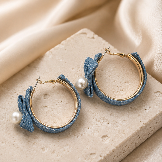 DENIM BOW PEARL HOOP EARRINGS