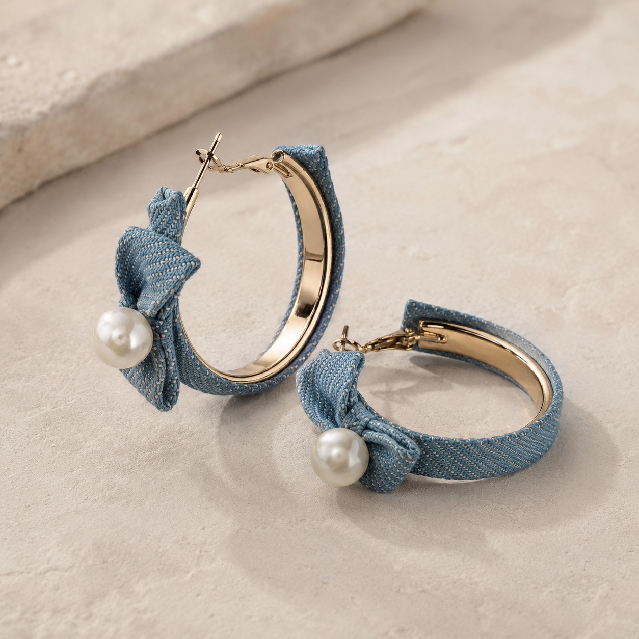 DENIM BOW PEARL HOOP EARRINGS