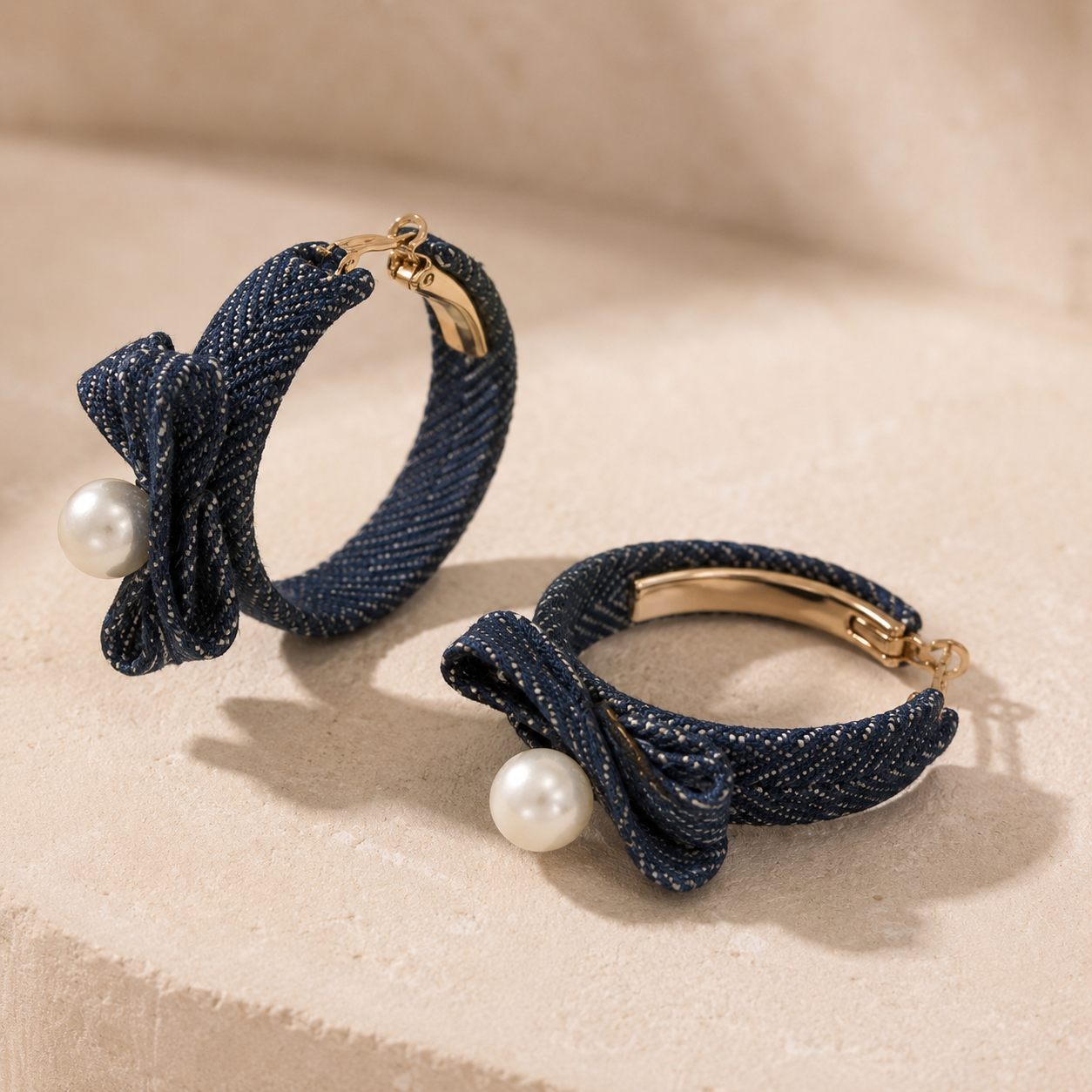 DENIM BOW PEARL HOOP EARRINGS