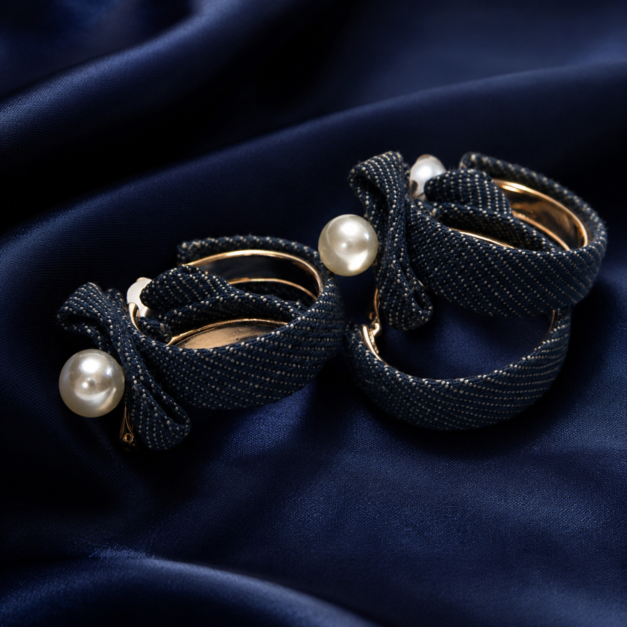DENIM BOW PEARL HOOP EARRINGS