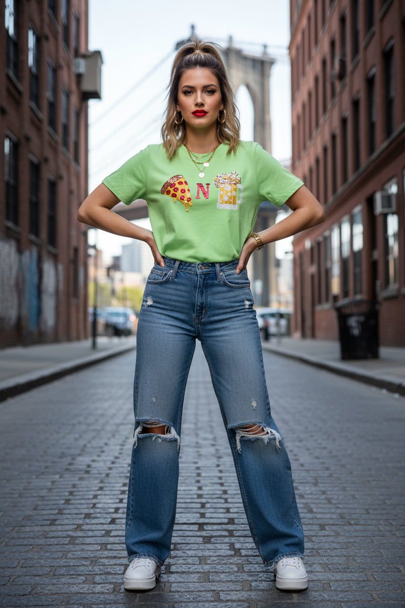 “PIZZA & BEER” SEQUINS T- SHIRT