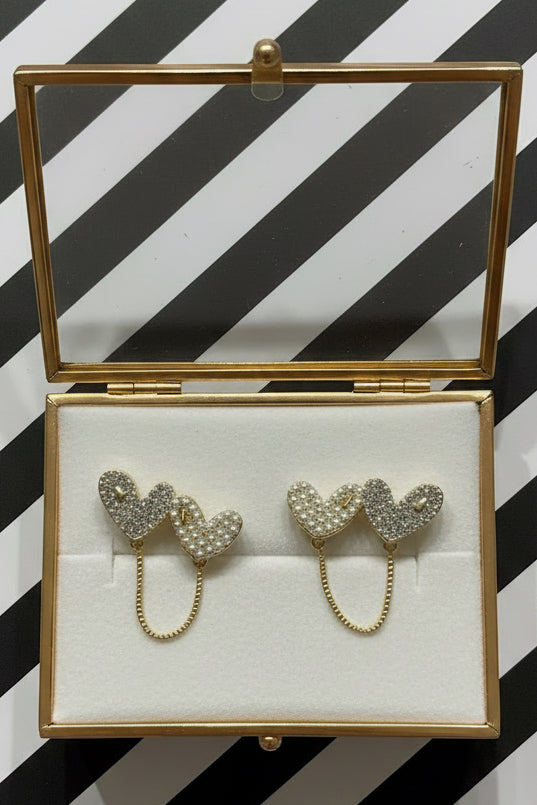DOUBLE HEART GOLD DIPPED STONE/PEARL STERLING SILVER POST EARRINGS
