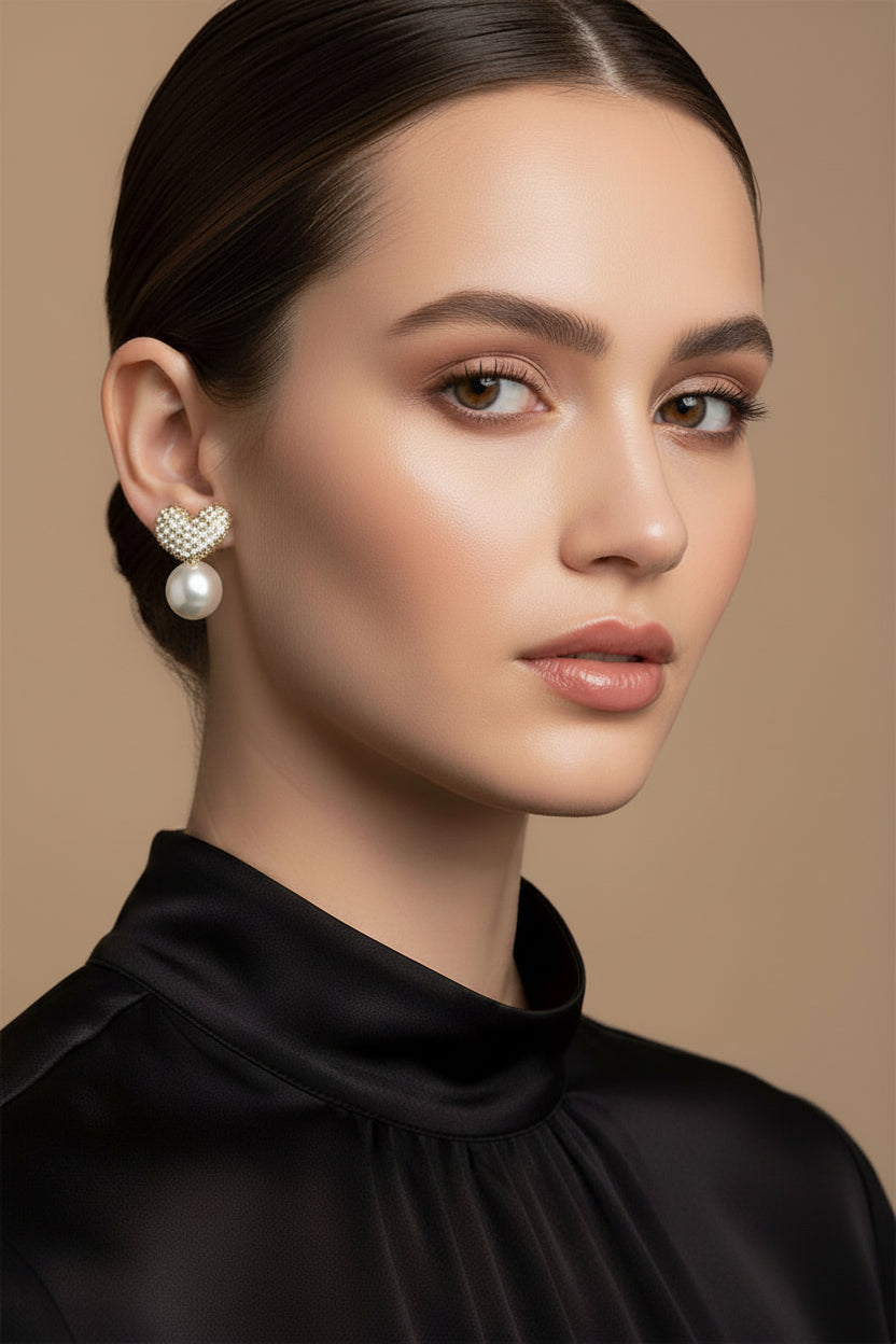 HEART PAVED PEARL DOUBLE SIDE EARRINGS