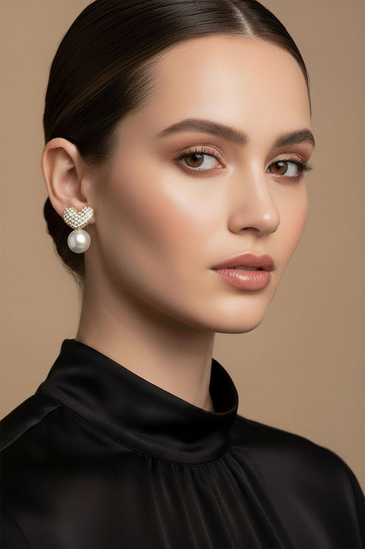 HEART PAVED PEARL DOUBLE SIDE EARRINGS