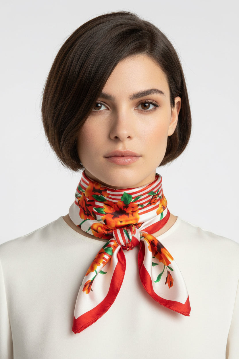FLORAL STRIPES SATIN SCARF - RED