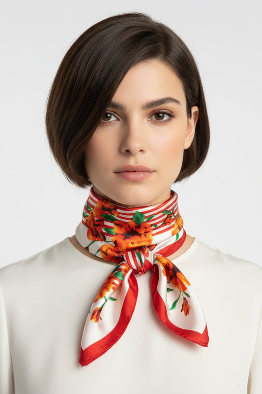 FLORAL STRIPES SATIN SCARF - RED