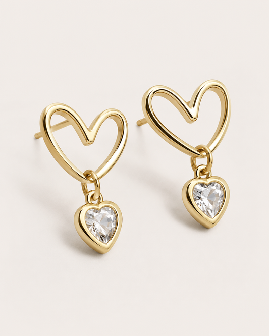 CUBIC ZIRCONIA STERLING SILVER HEART DROP EARRINGS