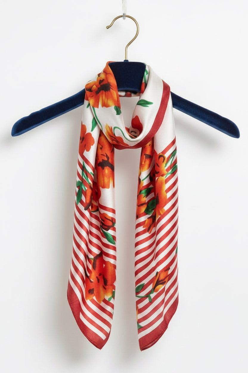 FLORAL STRIPES SATIN SCARF - RED