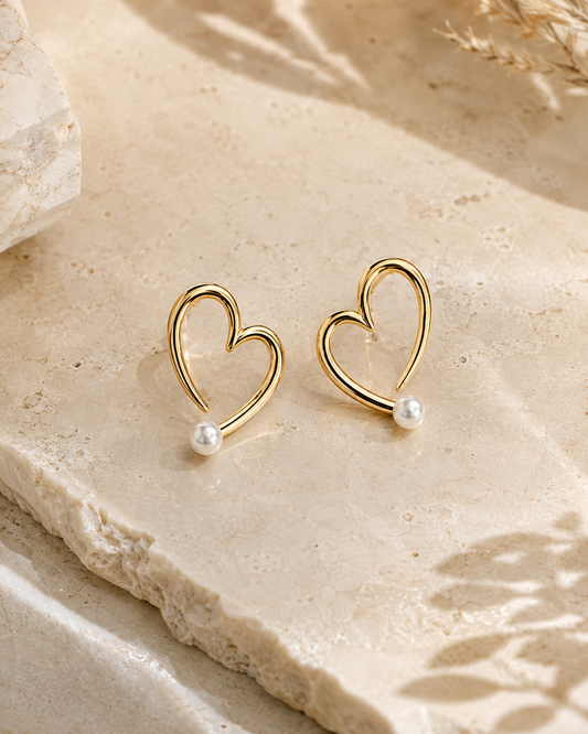 METAL HEART PEARL POST EARRINGS