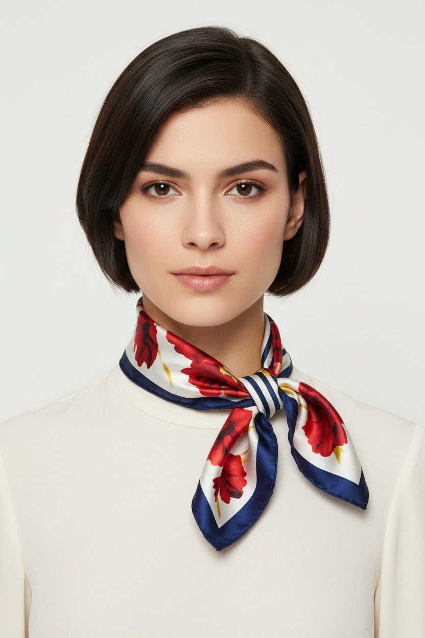 FLROAL STRIPES SATIN SCARF - BLUE
