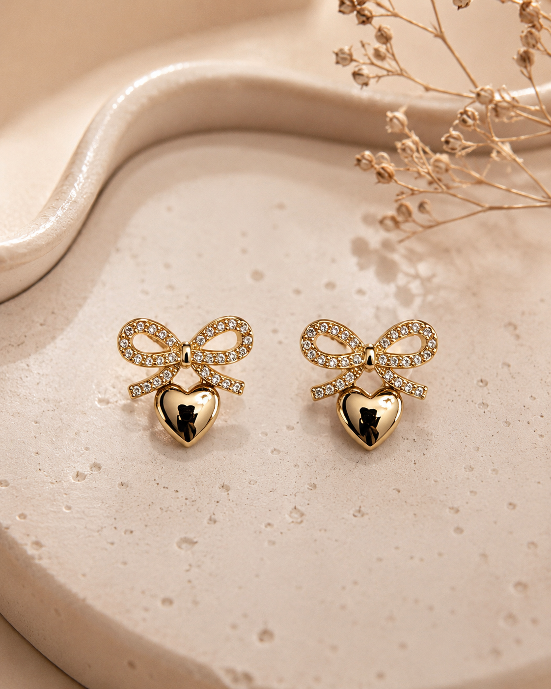 CUBIC ZIRCONIA STERLING SILVER HEART BOW POST EARRINGS