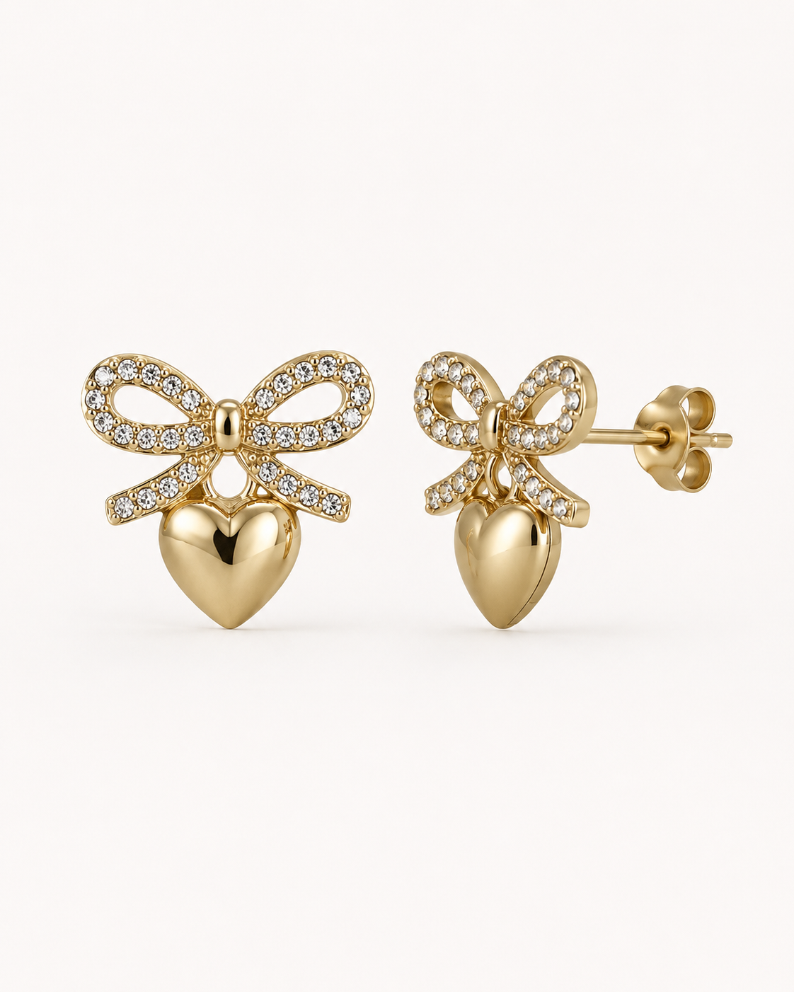 CUBIC ZIRCONIA STERLING SILVER HEART BOW POST EARRINGS
