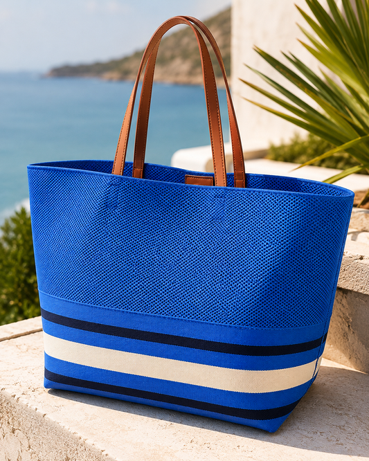 KNIT STRIPED OVERSIZED TOTE- BLUE