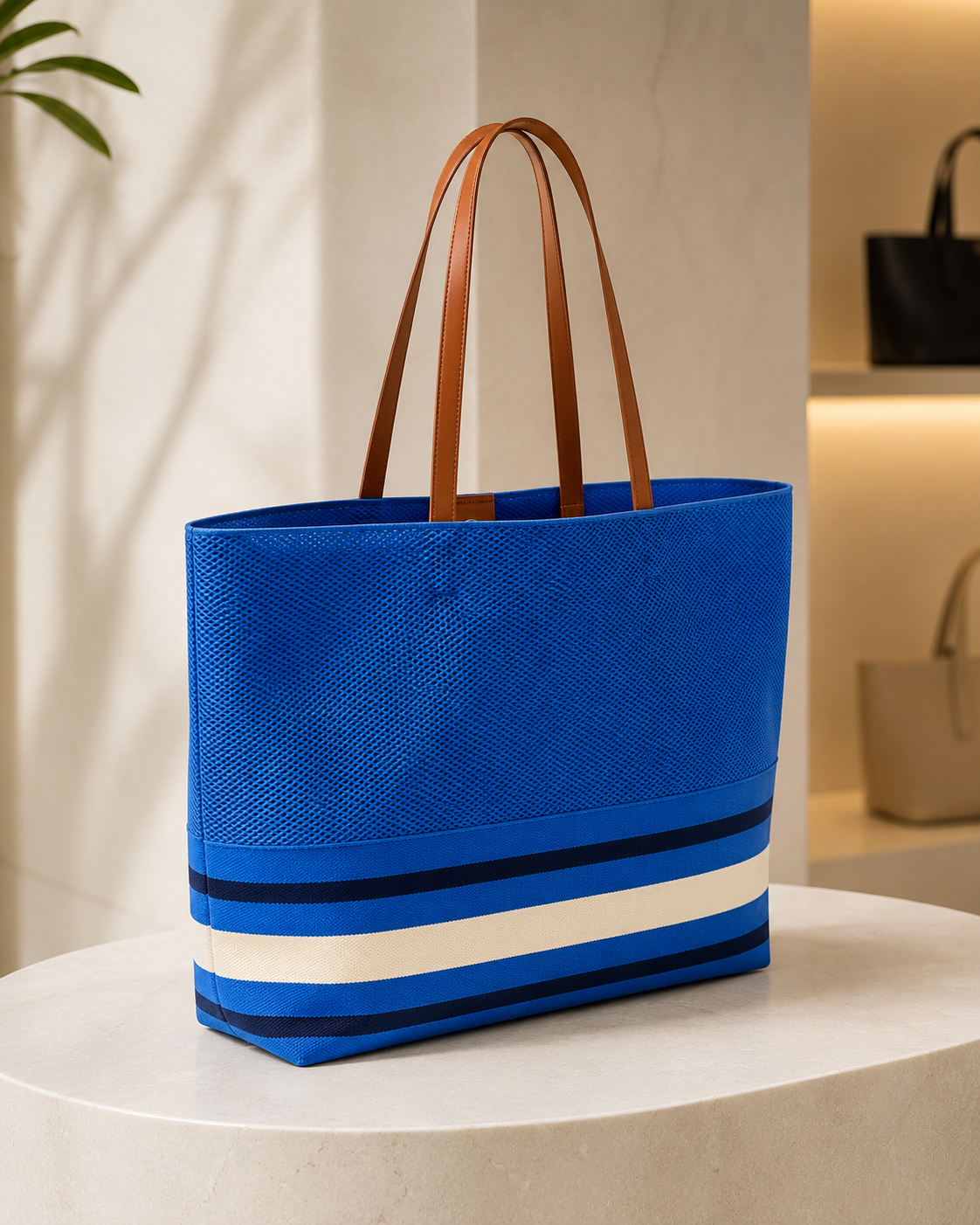 KNIT STRIPED OVERSIZED TOTE- BLUE