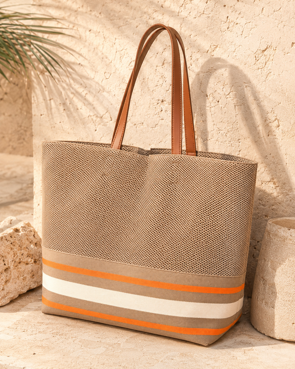 KNIT STRIPED OVERSIZED TOTE - BEIGE