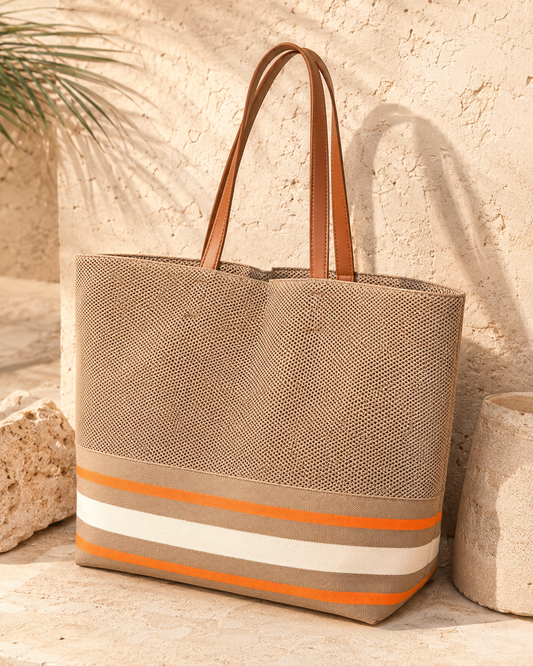 KNIT STRIPED OVERSIZED TOTE - BEIGE