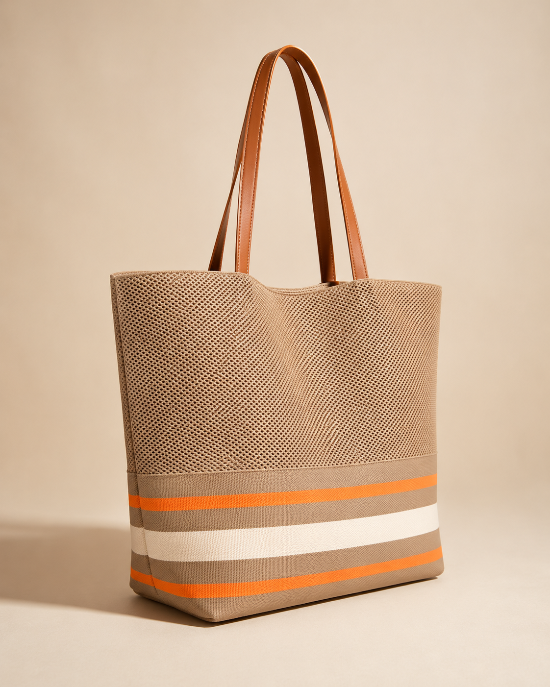 KNIT STRIPED OVERSIZED TOTE - BEIGE