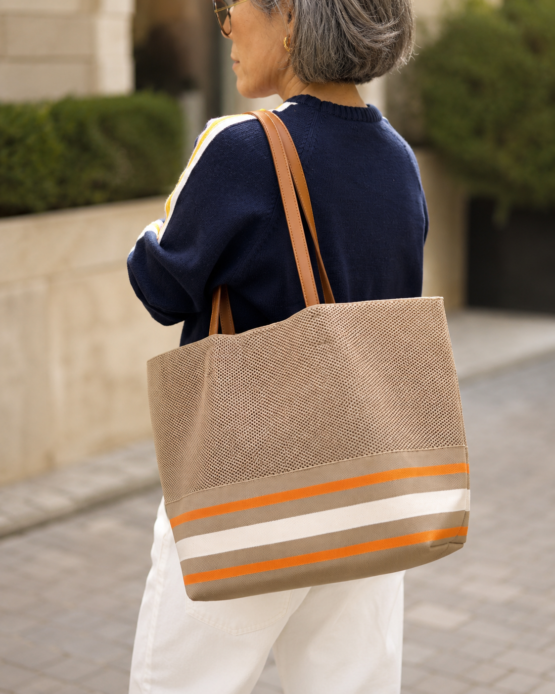 KNIT STRIPED OVERSIZED TOTE - BEIGE