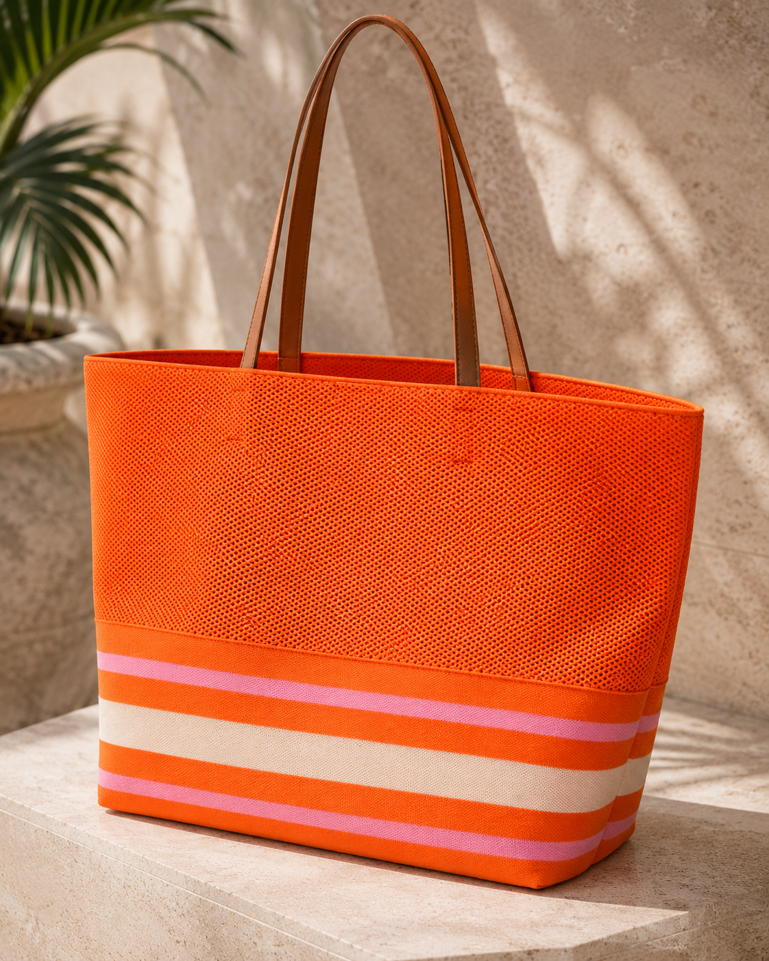 KNIT STRIPED OVERSIZED TOTE - ORANGE