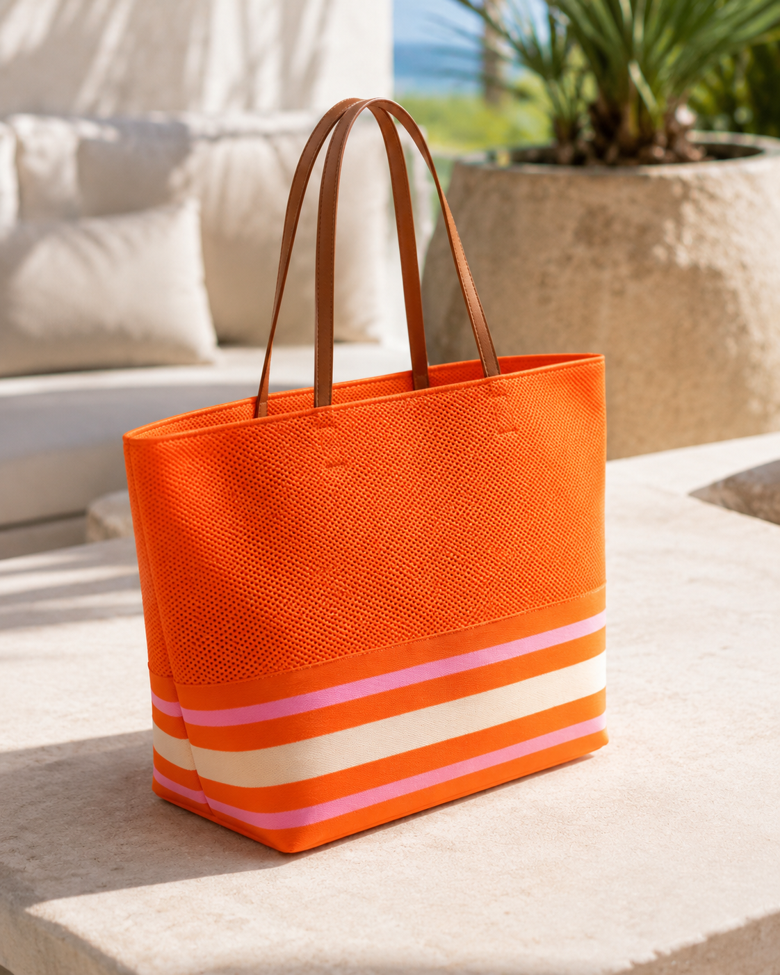 KNIT STRIPED OVERSIZED TOTE - ORANGE