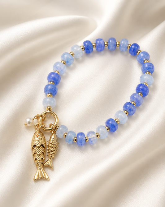 MARBLE BEAD FISH CHARM ELASTIC BRACELET