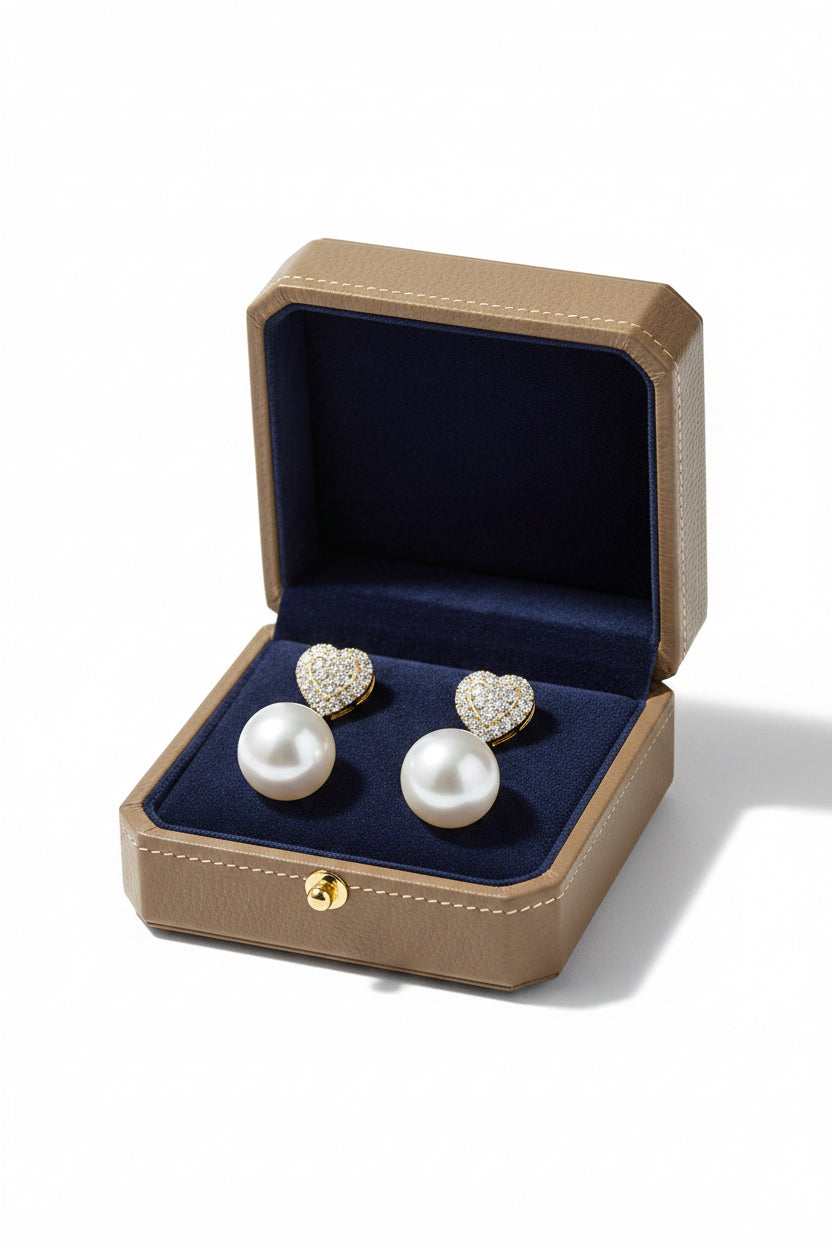 HEART PAVED PEARL DOUBLE SIDE EARRINGS