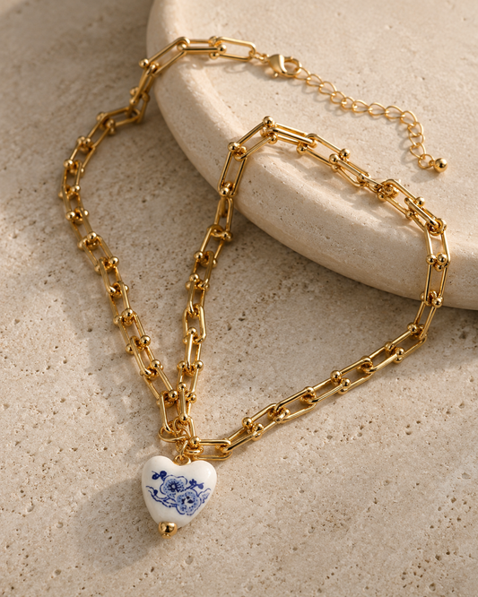 METAL CERAMIC HEART LINK NECKLACE