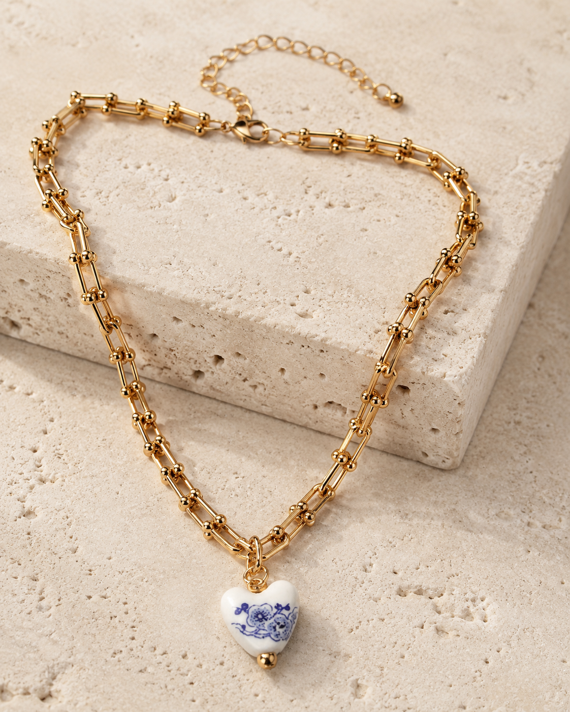 METAL CERAMIC HEART LINK NECKLACE