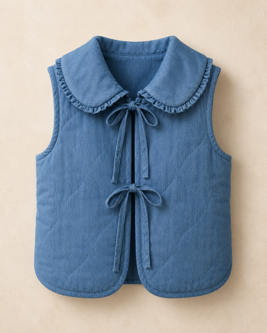 QUILTED PADDED TIE FRONT DENIM VEST