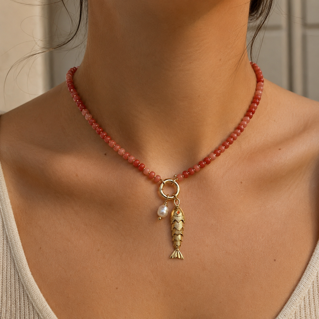 MARBLE BEAD FISH NECKLACE