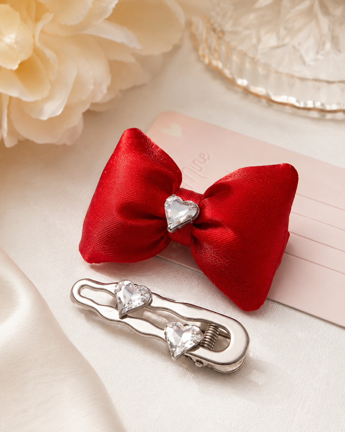 HEART STONE BOW CLIPS- RED